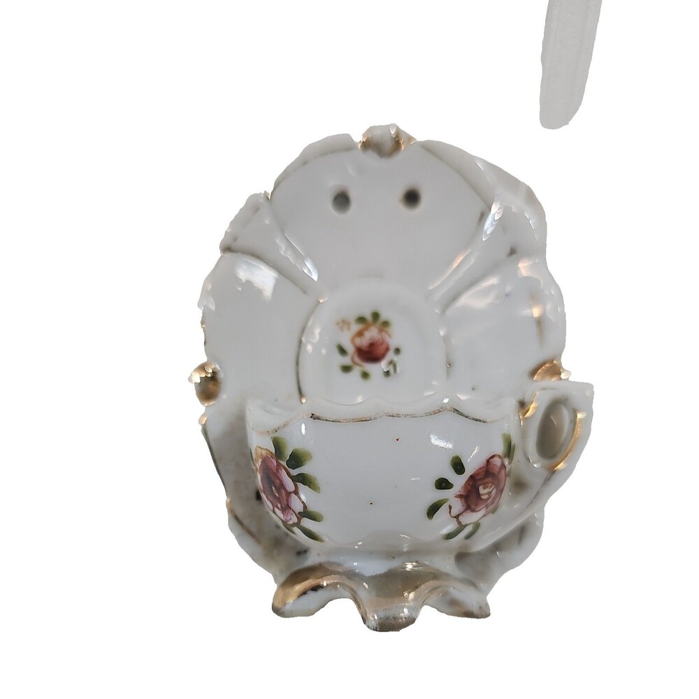 Vintage handpainted Japan wall pocket with rose floral Mauein Occupied Japan